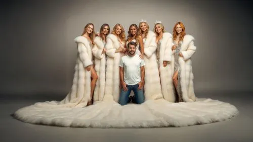 small man wearing a t-shirt is groomed by eight very beautiful women,  with very long ,floor length, blond wavy hair, green eyes, smiling, wearing floor length evening dresses and diamond bracelets, r