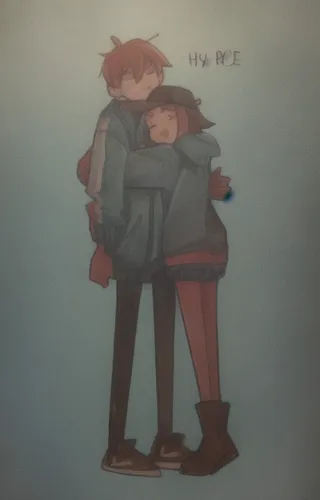 boy and girl,piggyback,hug,little boy and girl,hold hands,hugs,hugging,red string,chalk drawing,grainau,sope,loud crying,forget me not,warmth,copic,hiyayakko,forget-me-not,washi tape,colored pencil,hawkbit