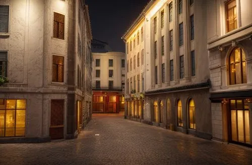 Lush restaurant street at night with warm lights in evening mist,the cobbled streets,narrow street,medieval street,getreidegasse,old linden alley,aix-en-provence,l'isle-sur-la-sorgue,montmartre,townho