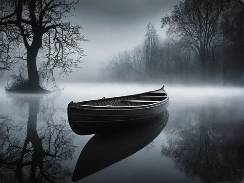 boat landscape,rowboat,row boat,sunken boat,rowing boat,tranquility,wooden boat,rowing-boat,mooring,row-boat,calm waters,calm water,rowboats,backwater,canoes,black landscape,afloat,canoe,foggy landscape,lago grey,Illustration,Realistic Fantasy,Realistic Fantasy 46