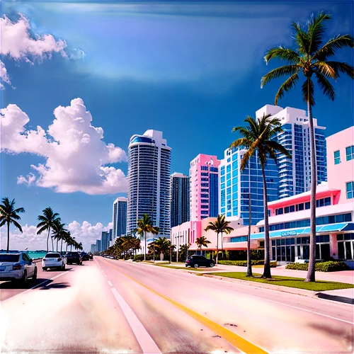 Miami cityscape, HD, sunny day, blue sky, white clouds, palm trees, beachside highway, Art Deco architecture, pastel-colored buildings, ocean waves crashing, sailboats docked, people walking on sidewa