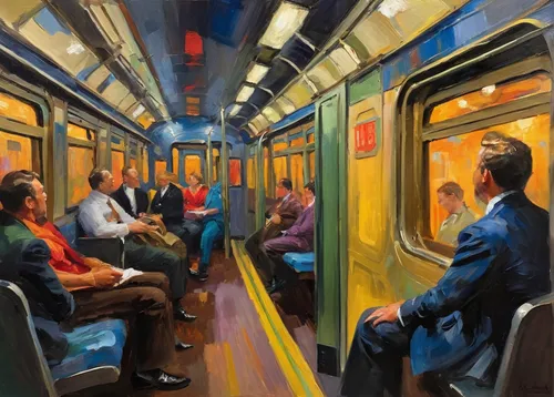 oil painting on canvas,oil painting,train way,men sitting,early train,commuting,skytrain,light rail,art painting,light rail train,electric train,train,commuter,oil on canvas,long-distance train,train of thought,train seats,last train,commute,the train,Conceptual Art,Oil color,Oil Color 22