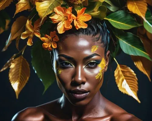 digital painting,flora,girl in a wreath,golden flowers,fantasy portrait,sunflowers,gold leaves,yellow leaves,golden wreath,sunflower,dryad,linden blossom,girl in flowers,african woman,rwanda,world digital painting,portrait background,digital art,wreath of flowers,african daisies,Photography,Artistic Photography,Artistic Photography 08