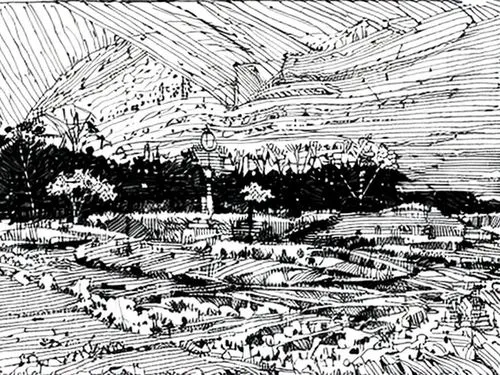 giraud,mono-line line art,arcology,archigram,terraformed,post-apocalyptic landscape,borobudur,virtual landscape,unbuilt,line drawing,yavin,tardi,destroyed city,tirith,overdrawing,brodsky,raimondi,verd