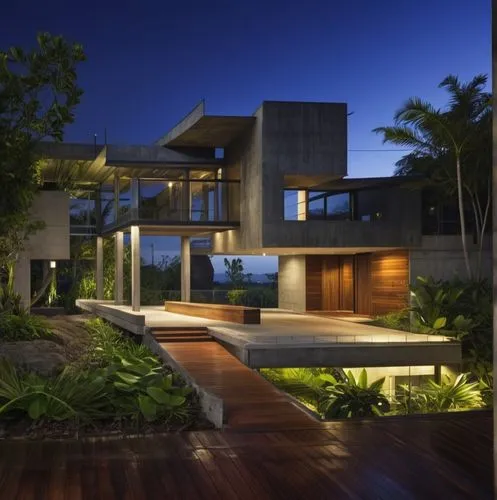 modern tropical case study house architecture, Puerto Rico, meditation architecture of brazilian architect Marcio Kogan, modern, realistic, corten steel, concrete, wood, award winning perspective, raw