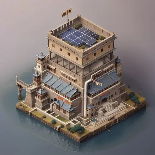 3d isometric, old house, underground, no background, solar panel, japan tradicional,isometric japan building,floating islands,voxel,gunkanjima,solar cell base,seasteading,floating island,Unique,3D,Iso