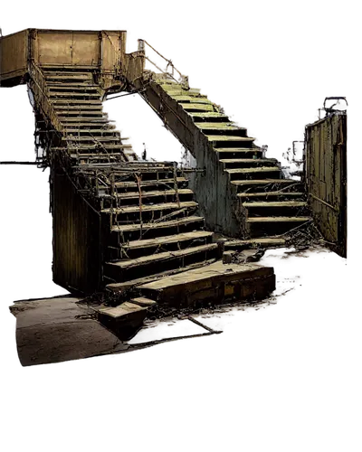 Creepy abandoned warehouse, dimly lit, old rusty machinery, broken crates, cobwebs covering walls, eerie atmosphere, flickering fluorescent lights, dark shadows, worn concrete floor, metal stairs lead