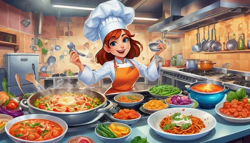 chef characters, frantic cooking action, kitchen chaos, burning stoves, chopped vegetables, thrown ingredients, teamwork, kitchen stations, food orders, timer countdown, restaurant setting, high-stres