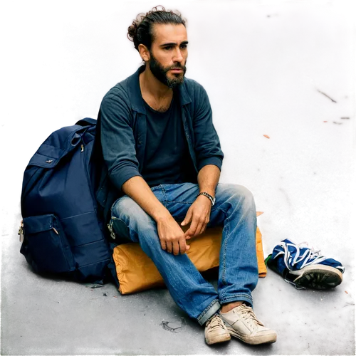 Homeless man, rugged beard, worn-out clothes, torn jeans, dirty sneakers, backpack full of belongings, sitting on sidewalk, hopeless expression, dim lighting, gritty texture, cinematic composition, sh