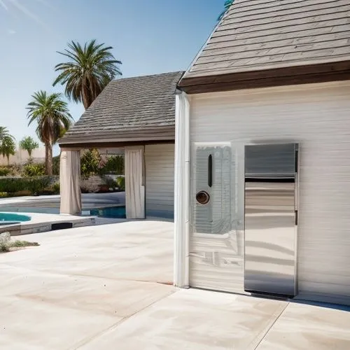 pool house,stucco wall,outdoor pool,dug-out pool,folding roof,dunes house,ceramic floor tile,pool water surface,roof top pool,sliding door,stucco frame,garage door,metallic door,holiday villa,exterior decoration,cabana,sand-lime brick,summer house,gold stucco frame,bungalow