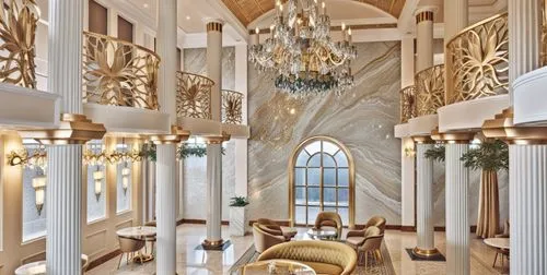 Luxury restaurant white marble columns, chandelier, glass ceiling, decorative profiles on the walls, white railing,sheikh zayed grand mosque,king abdullah i mosque,largest hotel in dubai,emirates pala