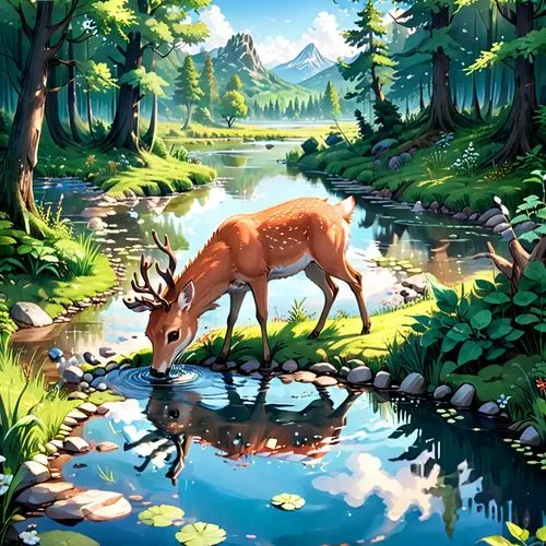 deer illustration,deer drawing,rehe,deer,european deer,deer in tears,nature background,deers,forest animals,sitatunga,elk,forest background,watercolor background,forest lake,forest animal,fawns,wild nature,faune,spotted deer,epona,Anime,Anime,Traditional