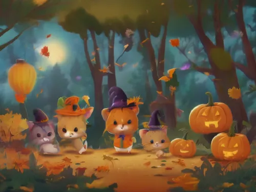 playing running in the forest,three halloween kittens are in the woods surrounded by jack o lantern decorations,halloween background,halloween scene,halloween wallpaper,halloween ghosts,halloween owls