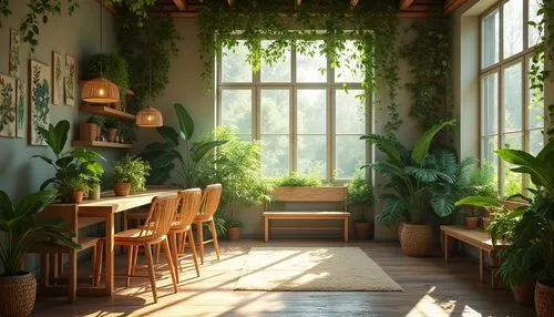 houseplants,house plants,indoor,breakfast room,sunroom,conservatory,hanging plants,houseplant,verdant,dining room,indoors,green plants,interiors,home corner,study room,morning light,greenhouse,herbology,potted plants,plants,Photography,General,Realistic