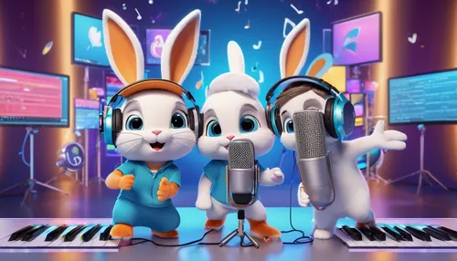 musicians,rabbits,rabbit family,bunnies,singers,easter theme,entertainers,cute cartoon image,easter rabbits,music band,performers,music service,easter festival,musical ensemble,no ear bunny,plug-in figures,easter background,deco bunny,music background,hot cross buns,Unique,3D,3D Character