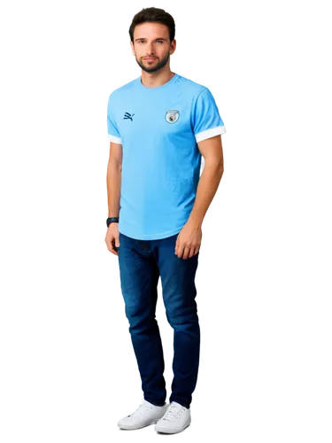 Man City fan, adult male, casual wear, blue shirt with white sleeves, Manchester City FC small logo on chest, jeans, sneakers, leaning against wall, relaxed posture, natural facial expression, soft fo