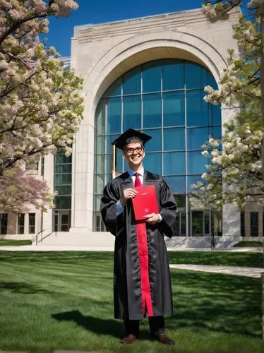 UW Madison architecture building, certificate in hand, proud graduate, cap and gown, smiling face, glasses, neat hair, daylight, sunny day, Bascom Hill, University of Wisconsin-Madison campus, beautif