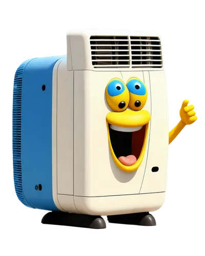 funny air conditioner, cartoonish, solo, standing, white body, blue buttons, vents blowing air, smiling face, goofy eyes, tongue out, sweating, summer season, bright yellow background, 3/4 composition