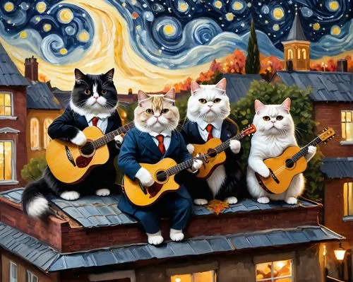 
three Persian cats in formal suits play guitars on the roof of a building on a starry night,a painting of three cats dressed up as musicians on a roof,serenata,cats on brick wall,tuxedoes,oktoberfest