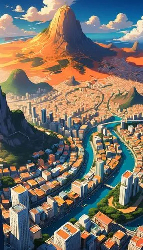 honolulu,rio,colorful city,koinange,ciudades,megapolis,world digital painting,rio de janeiro,townships,favela,oran,ancient city,megacities,cidade,tenochtitlan,ciudad,meteora,continents,city cities,rocinha,Illustration,Japanese style,Japanese Style 03