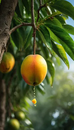 A mango falling down from the tree. 8k.,wild yellow plum,loquat,yellow plum,growing mandarin tree,fruit tree,orange tree,calamondin,tangerine tree,asian green oranges,mango,passion-fruit,tropical frui