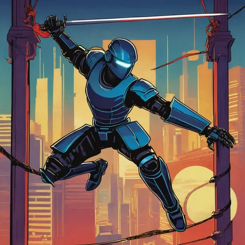 Robot ninja warrior ,steel man,cartoon ninja,daredevil,high-wire artist,skycraper,sci fiction illustration,steel,nova,flagman,ranger,knight,game illustration,detail shot,blu,fencing,vector illustratio