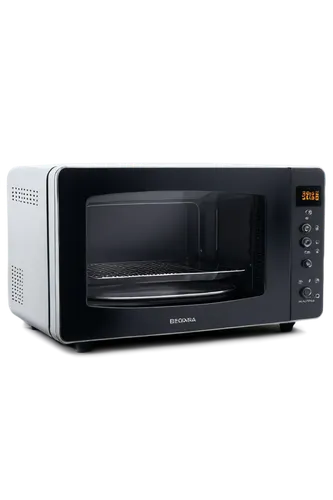 Microwave oven, metallic body, rounded shape, digital display, buttons and knobs, spinning glass plate, steam rising, warm lighting, shallow depth of field, 3/4 composition, soft focus on background, 