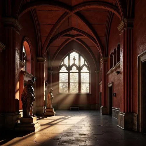 Rich maroon stone walls, ornate Gothic arches, ribbed vaulted ceilings, stained glass windows, intricate carvings, mysterious shadows, warm golden lighting, dramatic chiaroscuro, grandiose entrance do