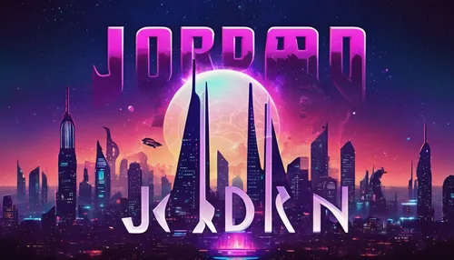 Create a modern emblem with the word 'Jordan' in a futuristic cityscape.,jordan,jokbal,jukebox,joyrider,bordafjordur,el dorado,eldorado,aurajoki,jakaranda,nowyjork,cd cover,jostaberry,jordan fields,j,