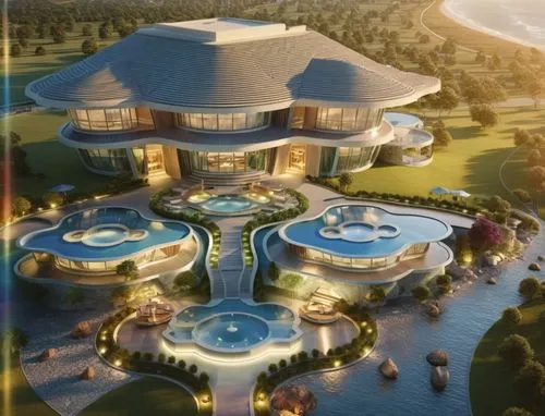 The same architectural design is adjusted from all angles by adding beautiful lighting in rainbow colors,a large white building sitting on top of a body of water,aldar,largest hotel in dubai,dubailand