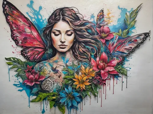 girl in flowers,boho art,butterfly floral,vanessa (butterfly),flower art,julia butterfly,flower painting,kahila garland-lily,butterfly effect,flower fairy,flora,butterflies,mural,graffiti art,cupido (butterfly),passion butterfly,beautiful girl with flowers,girl in a wreath,wall art,streetart,Conceptual Art,Graffiti Art,Graffiti Art 03