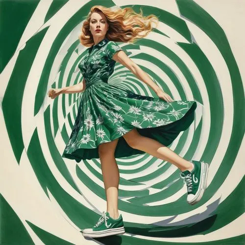 In an unexpected twist, a woman in a floral dress and a stylish pair of sneakers steps into a distorted perspective of a spiral. Her hair spins in unison, and her eyes sparkle with intensity. The dist