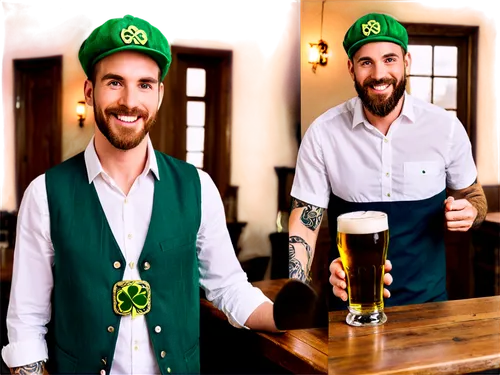 St Patrick's Day, festive atmosphere, Irish flag colors, green hat, beard, mustache, Celtic knot tattoos, shamrock brooch, white shirt, green vest, golden buckle, holding beer mug, smiling, leaning on