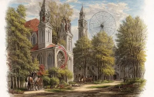 riding horse buggy church close up,palo alto,church painting,delft,wooden church,prater,fredric church,church towers,village scene,gothic church,evangelical cathedral,lokfriedhof,forest chapel,churche