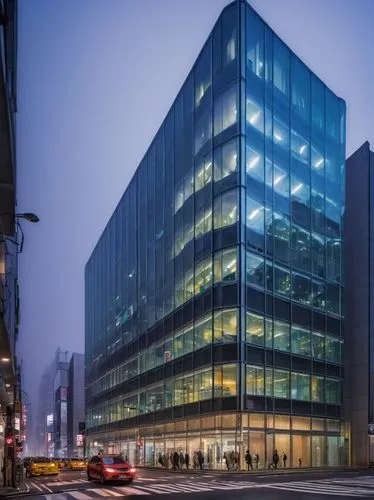 Modern RPC Architectural Design Ltd office building, glass facade, steel structure, sleek lines, urban cityscape, Tokyo streets, night scene, neon lights reflecting off windows, 3/4 composition, low-a