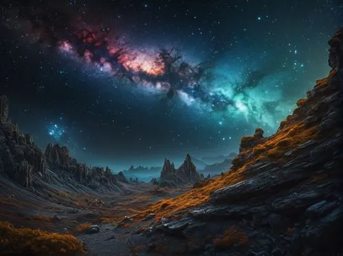 fantasy picture,fantasy landscape,alien planet,alien world,space art,milky way,Photography,General,Fantasy