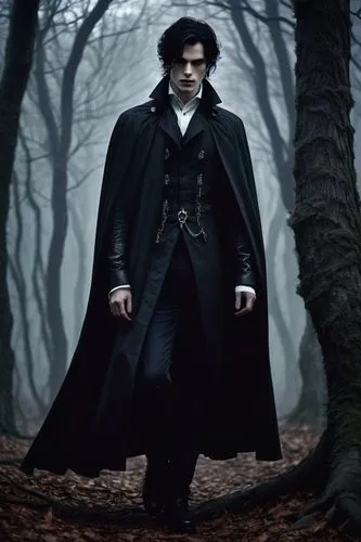 Male vampire, pale skin, sharp fangs, piercing eyes, dark eyeliner, messy black hair, Victorian-era inspired attire, long coat with cape, white dress shirt, black trousers, leather boots, brooch at th