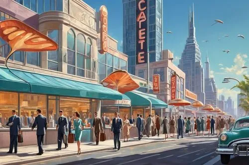 cinerama,mcquarrie,ann margarett-hollywood,packard one-twenty,humphreville,lucasfilm,imagineering,restaurateurs,tailfins,intelligentsia,the disneyland resort,hollywoodland,imagineers,mcquary,art deco,passersby,palo alto,fifties,riverdale,pellicci,Illustration,Retro,Retro 12