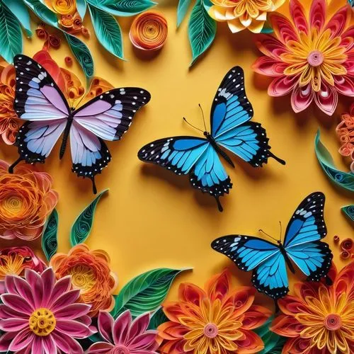 🔥 PROMPT: A vibrant 3D quilled butterfly, showcasing intricate paper art in brilliant, vivid colors, fluttergen.sweetprompt.coming amidst colorful lotus flowers and swirling patterns in the sky. The 