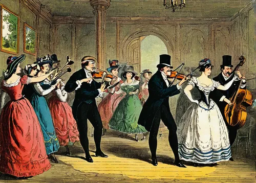 ballroom dance,cotillion,ballroom,vintage ilistration,courtship,the victorian era,concert dance,orchestra,musical sheet,violinists,the carnival of venice,victorian fashion,serenade,opera glasses,danse macabre,vintage illustration,debutante,woman playing violin,kristbaum ball,waltz,Art,Classical Oil Painting,Classical Oil Painting 39