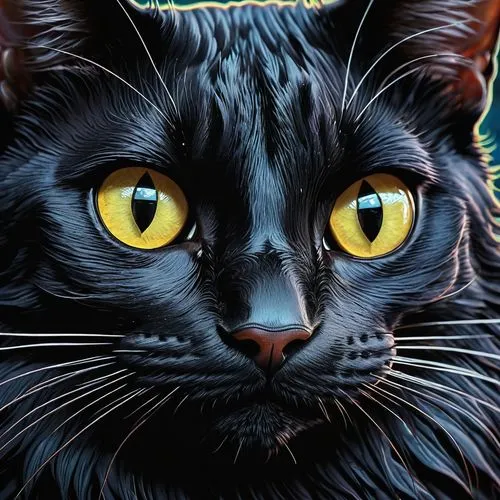 cat portrait,black cat,cat vector,yellow eyes,pet portrait,animal portrait,drawing cat,detail shot,vector illustration,cat's eyes,digital painting,whiskered,cat on a blue background,cat,halloween black cat,pet black,chartreux,felidae,cartoon cat,feline,Illustration,Realistic Fantasy,Realistic Fantasy 25