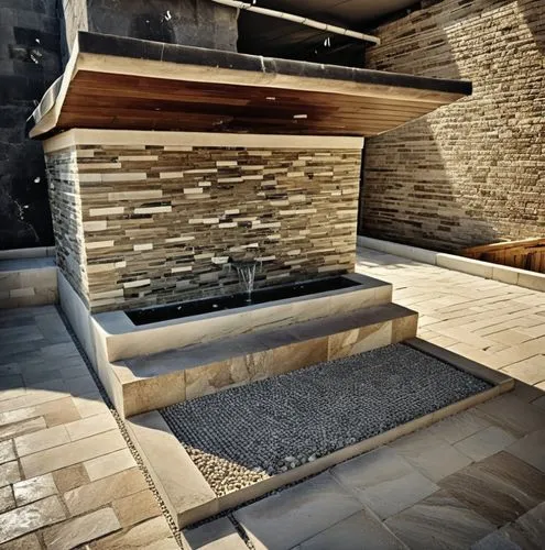 antique fountain.blasting stone.marble covering.marble motif,a brick walled outdoor patio with steps, water feature and stone walkways,wooden sauna,natural stone,sauna,onsen,saunas,stone oven,Photogra