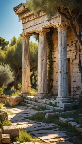 Ancient Greek architecture, 2500 years old, crumbling stone walls, overgrown with vines, intricate carvings of mythological creatures, Doric columns, worn marble floors, abandoned temple, Mediterranea