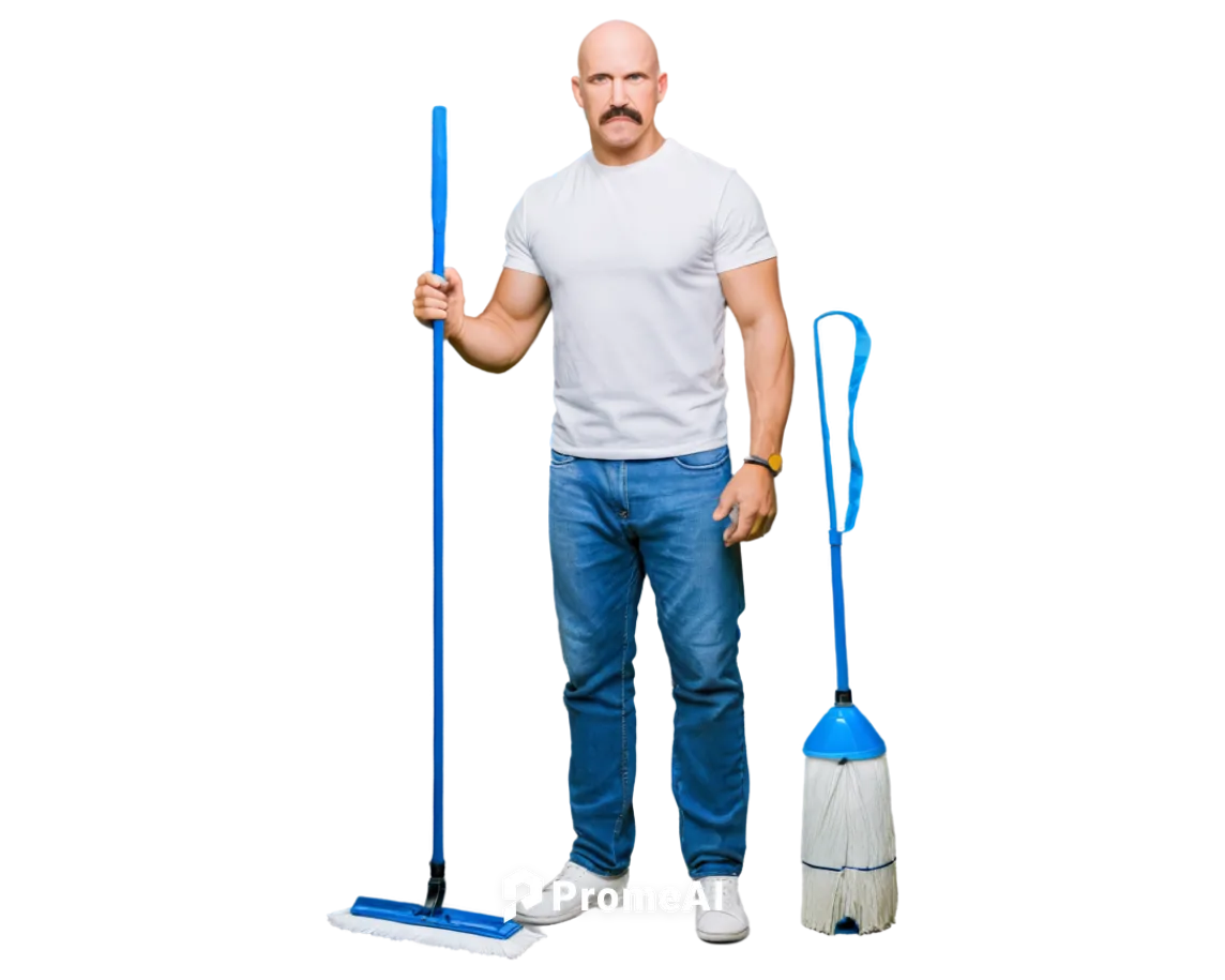 Muscular man, Mr Clean, bald, blue eyes, white mustache, white shirt, blue jeans, cleaning tools, mop, broom, spray bottle, standing, confident pose, bright lighting, high contrast, shallow depth of f