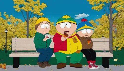 Cartman, South Park, chubby, messy brown hair, blue eyes, yellow shirt, red hat, green jacket, jeans, sneakers, sitting on a bench, eating a chili cheese fry, Cartman's signature sarcastic facial expr