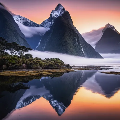 milford sound,new zealand,south island,newzealand nzd,nz,north island,mitre peak,tasmania,landscapes beautiful,landscape photography,mountain and sea,australian mist,snowy mountains,new zealand dollar,taranaki,mountain sunrise,reflections in water,australia,beautiful landscape,nordland,Illustration,Paper based,Paper Based 02