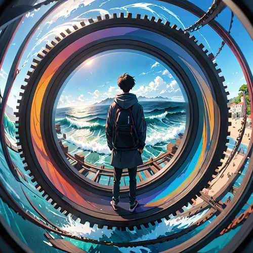 porthole,fish eye,panoramical,360 ° panorama,little planet,360 °,fisheye lens,time spiral,lensball,glass sphere,round frame,gyroscope,radial,circle,parabolic mirror,spiral background,torus,colorful spiral,vortex,hamster wheel,Anime,Anime,General