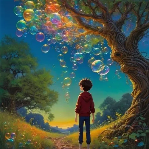 a cheerful boy,a boy standing on a road in front of a bubble tree,soap bubble,soap bubbles,giant soap bubble,colorful balloons,imaginacion,little girl with balloons,children's background,fantasy pictu