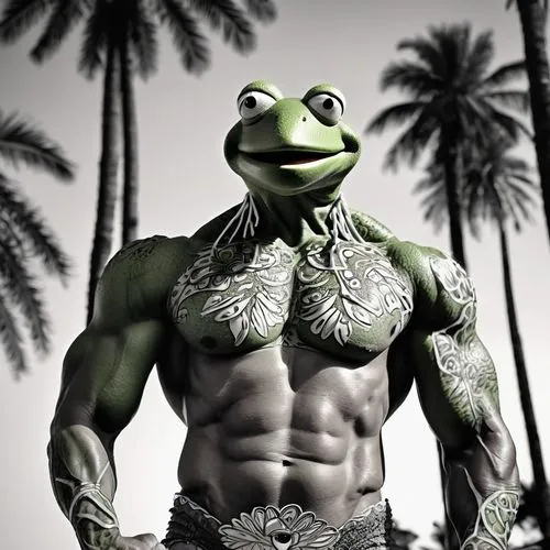 Mature man, buff Kermit, green skin, muscular arms, strong chest, ripped abs, frog-like eyes, colorful Muppet-inspired clothing, dynamic pose, flexing muscles, bright tropical environment, palm trees,