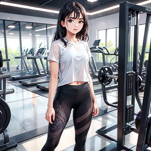 a young woman going to the gym in semi-transparent black leggings and a small white t-shirt,gym girl,fitness room,sports girl,gym,honmei choco,fitness center,workout items,workout,phuquy,fitness profe